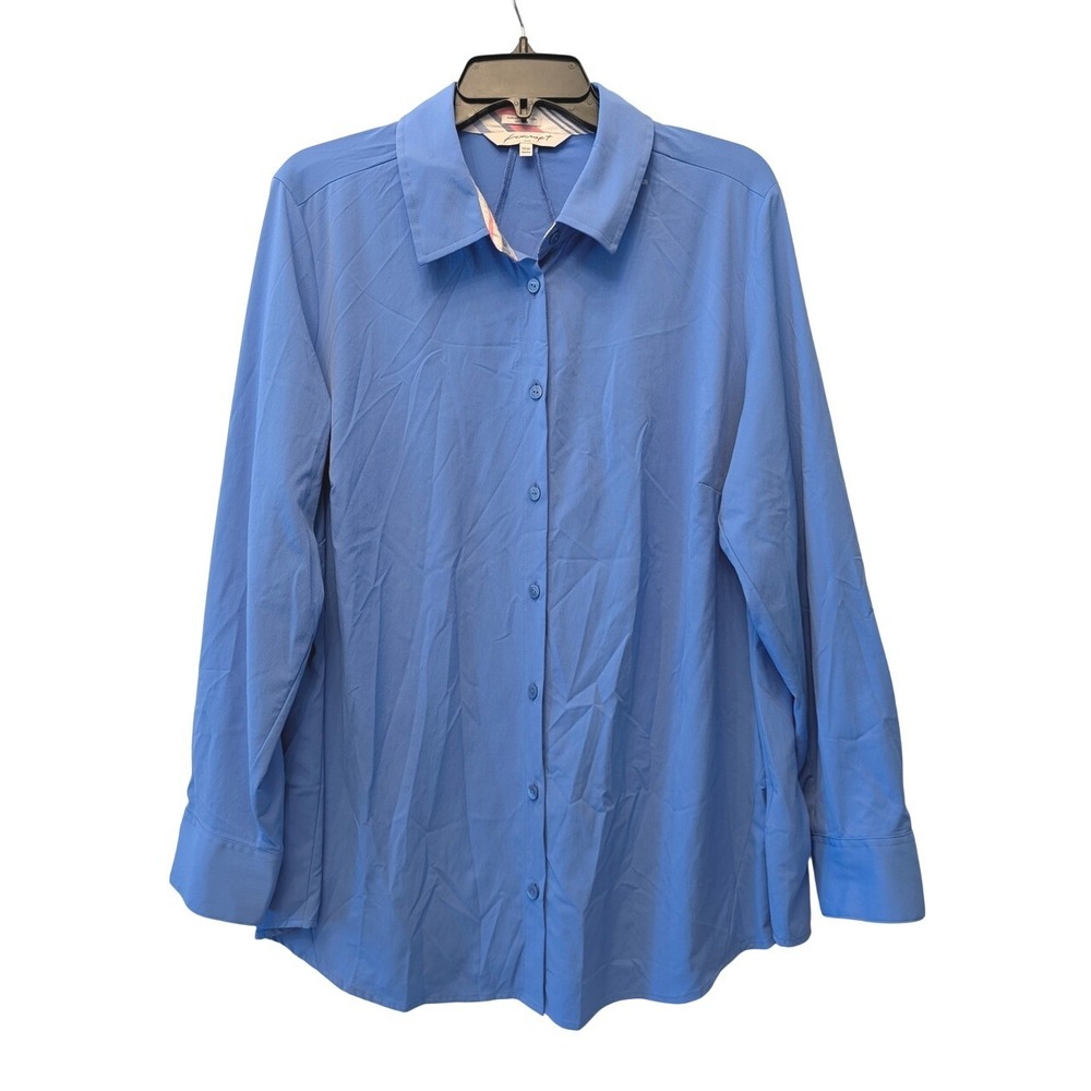 Foxcroft NYC Blue UPF 50+ Shaped Button Down Roll Tab Sleeve Shirt 14W 191266‎